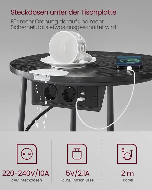 Runt Sidobord med Laddstation, Soffbord, Sängbord, Ebenholtssvart-skiffergrå