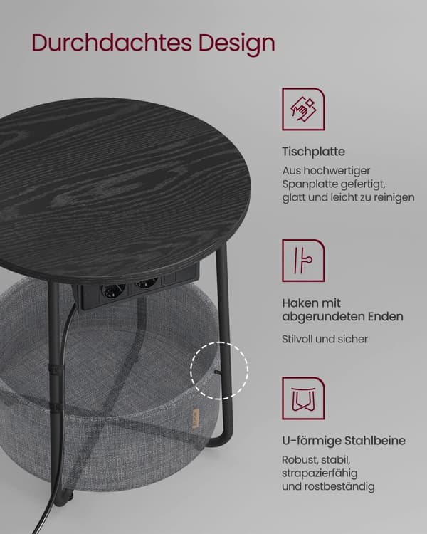 Runt Sidobord med Laddstation, Soffbord, Sängbord, Ebenholtssvart-skiffergrå