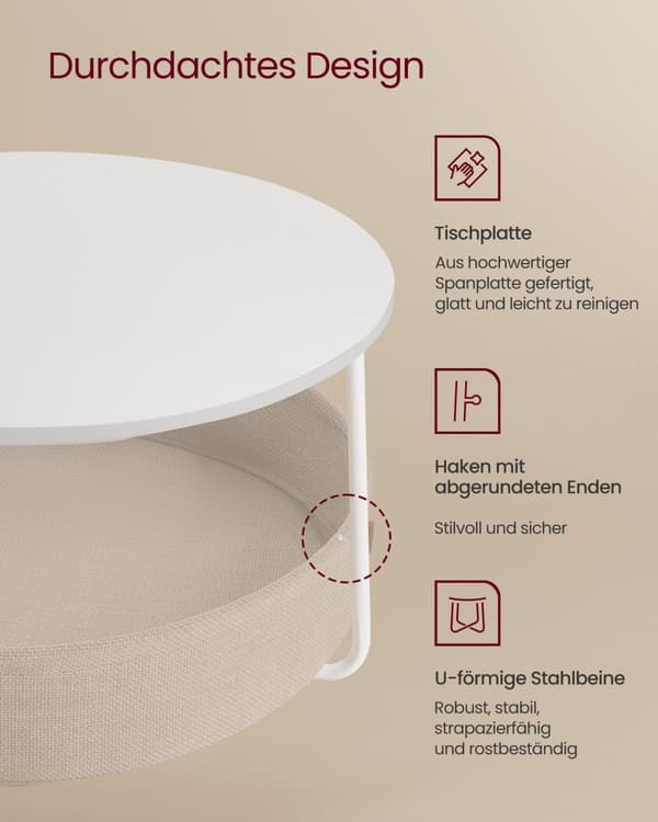 Sofabord med Opbevaring, Rundt Midterbord, Mathvid og Kamelbrun