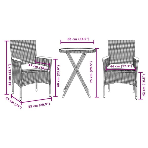 Bistrogrupp med dynor 3 delar svart konstrotting och glas