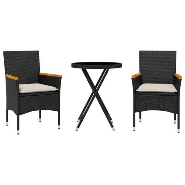 Bistrogrupp med dynor 3 delar svart konstrotting och glas