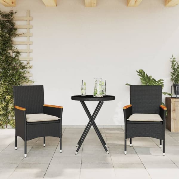Bistrogrupp med dynor 3 delar svart konstrotting och glas