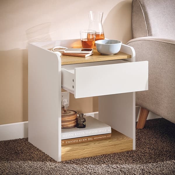 Rootz Bedside Table - Nightbord - Bedroom Organizer - Forbedrer privatlivets fred - 45x55x40cm - PB og MDF -materiale - Praktisk opladningsfunktion