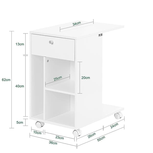 Rootz Bedside Table - Nightstand - Servering Cart - Space Saving Design - MDF Material - 36x62x50cm - Rail for Tablet
