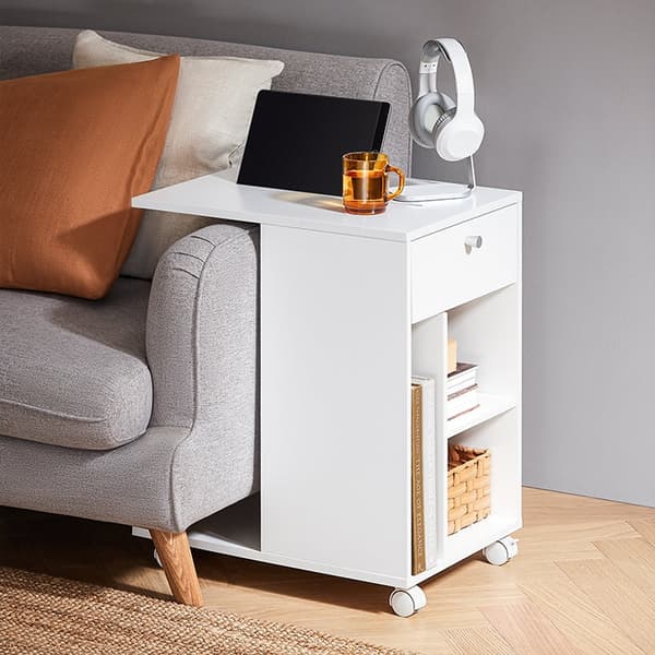Rootz Bedside Table - Nightstand - Servering Cart - Space Saving Design - MDF Material - 36x62x50cm - Rail for Tablet