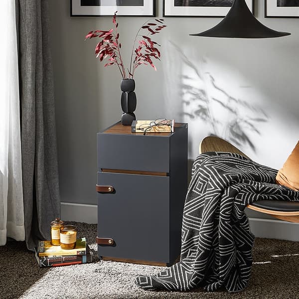 Rootz Elegant Bedside Table - Side Bord - Natbord - Rigelig opbevaring - 30x56x30cm - Grå og brunt læder