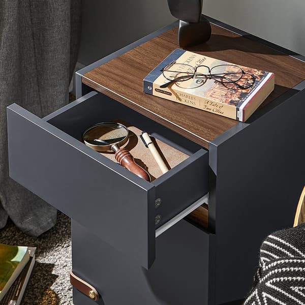 Rootz Elegant Bedside Table - Side Bord - Natbord - Rigelig opbevaring - 30x56x30cm - Grå og brunt læder