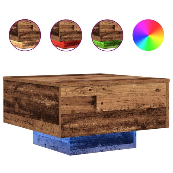 vidaXL Kaffebord med LED-lys i gammelt tre 55x55x31 cm
