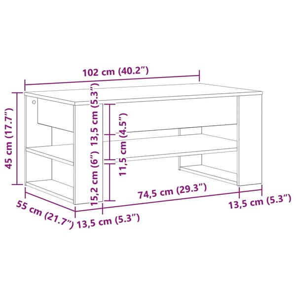vidaXL Sofabord Sort egetræ Konstrueret træ 102 cm x 55 cm x 45 cm