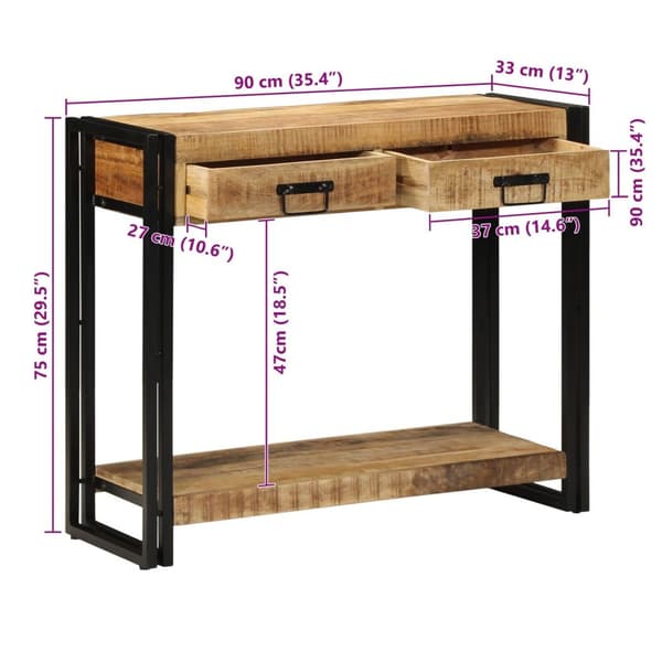 vidaXL Konsolbord Brun, Sort Solidt groft mangotræ, jern 90 x 33 x 75 cm
