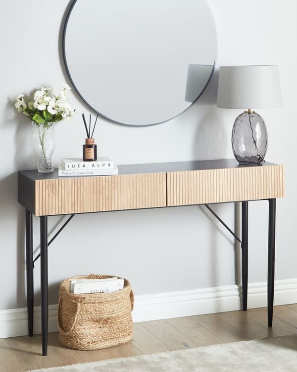 Konsollbord Svart MDF Lyst Tre Ribbet Front 2 Skuffer Moderne Gang Soverom