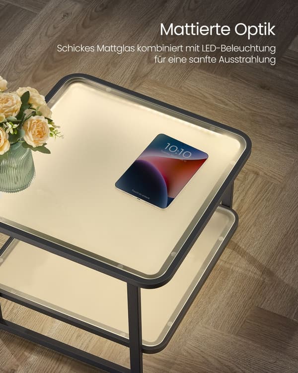 Kaffebord Set, VASAGLE med LED-belysning, 60x60 cm, Vit