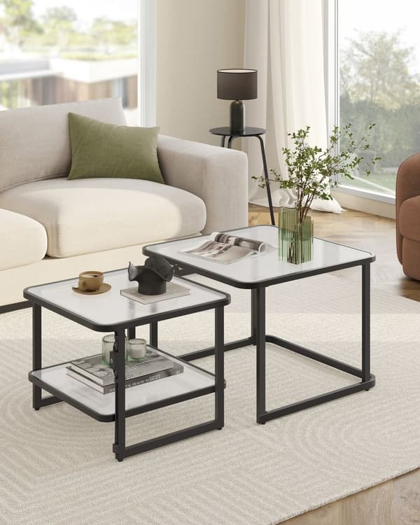 Kaffebord Set, VASAGLE med LED-belysning, 60x60 cm, Vit