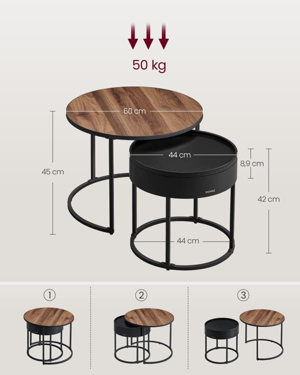 Kaffebord Set, VASAGLE, 60x60x45 cm & 44x44x42 cm, Valnöt Svart