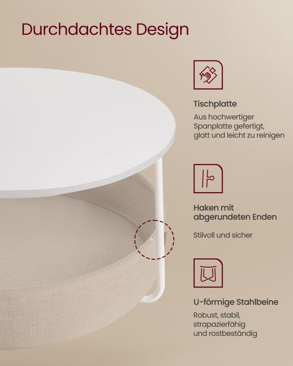Sofabord, VASAGLE, 75 cm i diameter, 45 cm højde, Mat hvid-Kamelbrun.