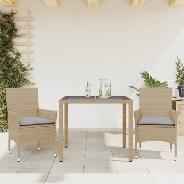Matgrupp för trädgård med dynor 3 delar beige konstrotting&glas