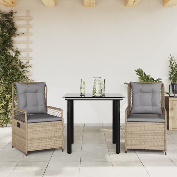 Matgrupp för trädgården 3 delar med dynor beige konstrotting