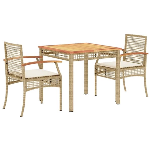 Matgrupp för trädgården 3 delar med dynor beige konstrotting