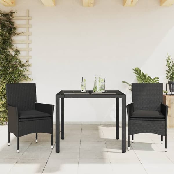 Matgrupp för trädgård med dynor 3 delar svart konstrotting&glas