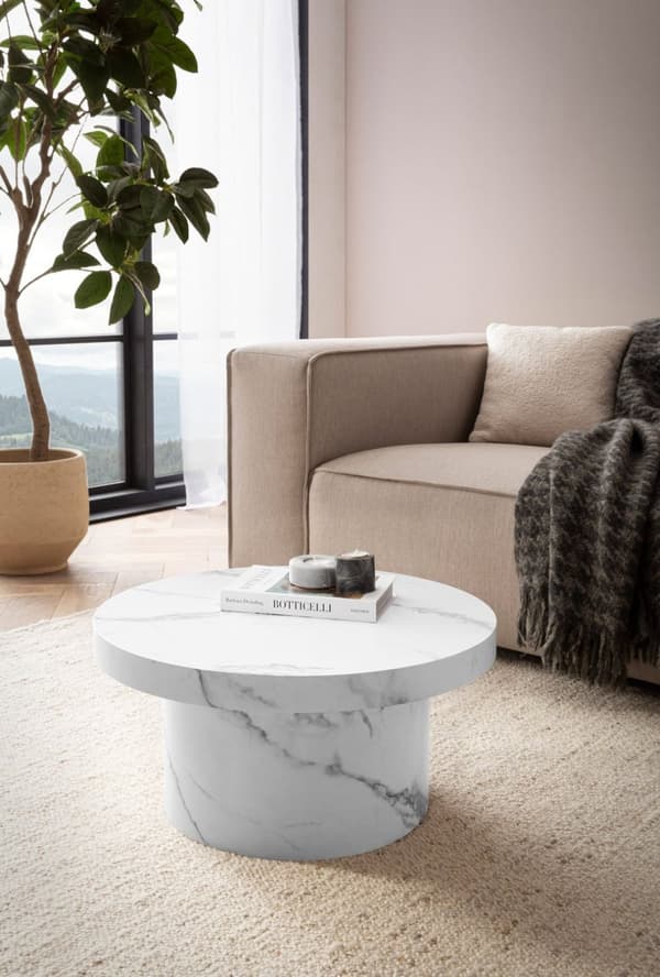 Rootz Modern Round soffbord - Samtida marmorutseende - Minimalistisk design - Anti -Slip Pads - 60 cm x 60 cm x 30 cm