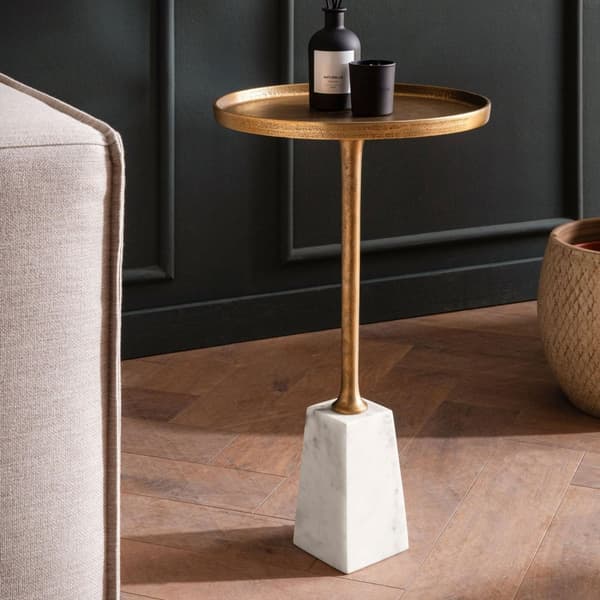 Rootz Round Side Table - Modern Accent Table - Marmor Structure - Unik design - 34 cm x 34 cm x 58 cm - Golden & White