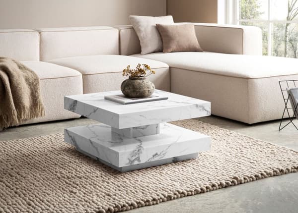 Rootz Square Sofabord - Moderne marmorbord - Hvid stuebord - Anti -slip puder - 60 cm x 60 cm x 34 cm