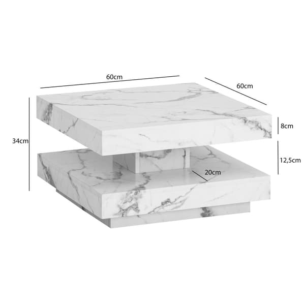 Rootz Square Sofabord - Moderne marmorbord - Hvid stuebord - Anti -slip puder - 60 cm x 60 cm x 34 cm