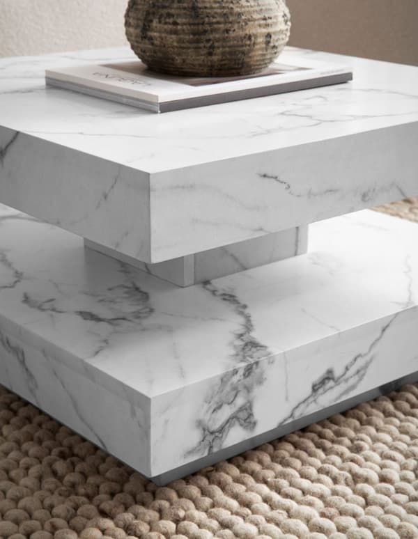 Rootz Square Sofabord - Moderne marmorbord - Hvid stuebord - Anti -slip puder - 60 cm x 60 cm x 34 cm