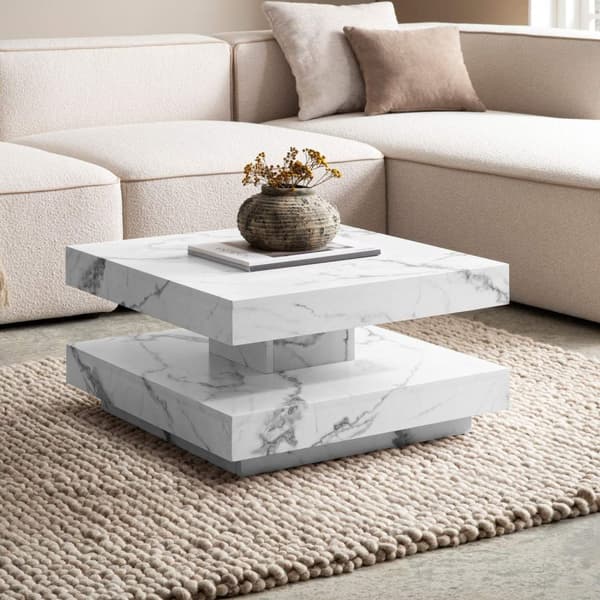 Rootz Square Sofabord - Moderne marmorbord - Hvid stuebord - Anti -slip puder - 60 cm x 60 cm x 34 cm