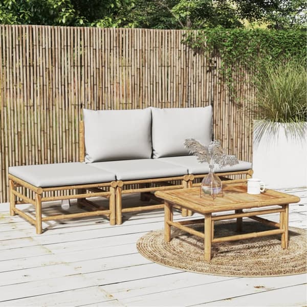 Loungegrupp för trädgården 4 delar ljusgråa dynor bambu