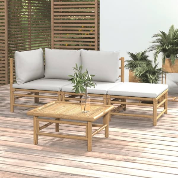 Loungegrupp för trädgården 4 delar ljusgråa dynor bambu