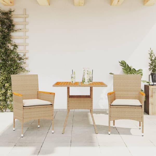 Matgrupp för trädgården 3 delar med dynor beige konstrotting