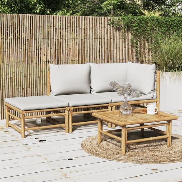 Loungegrupp för trädgården 3 delar ljusgråa dynor bambu