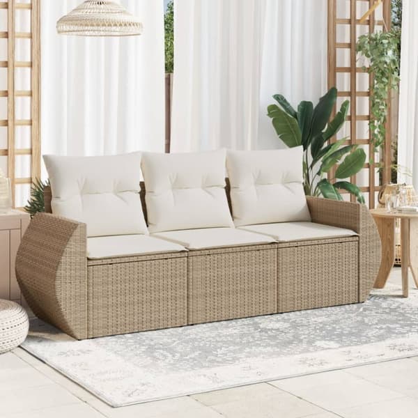 Soffgrupp för trädgården 3 delar med dynor beige konstrotting