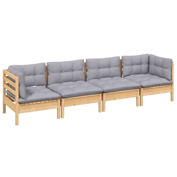 Loungegrupp med grå dynor 4 delar massiv furu