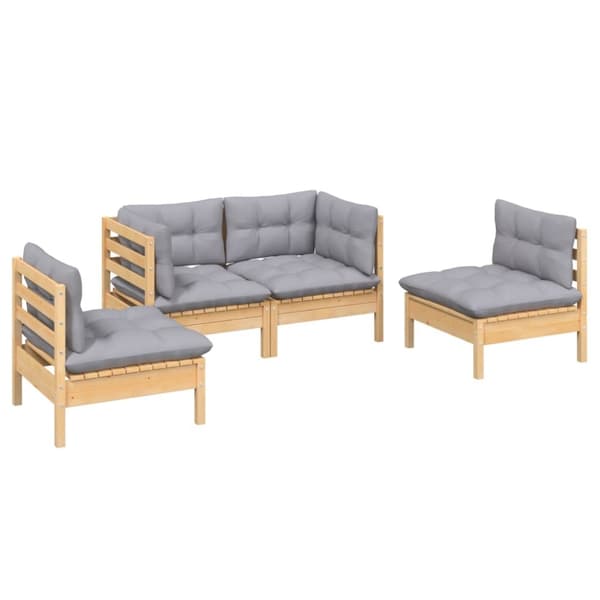 Loungegrupp med grå dynor 4 delar massiv furu
