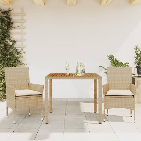 Matgrupp för trädgården 3 delar med dynor beige konstrotting