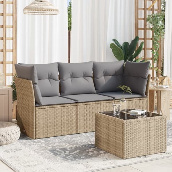 Soffgrupp för trädgård med dynor 4 delar beige konstrotting