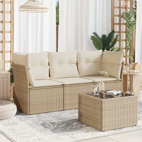 Soffgrupp för trädgård med dynor 4 delar beige konstrotting