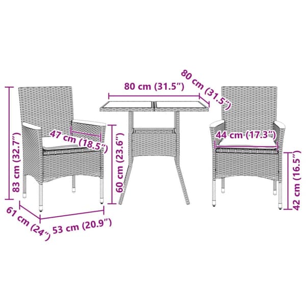 Matgrupp för trädgård med dynor 3 delar beige konstrotting&glas