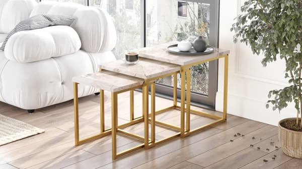 Sofabordssæt, 3 stk, guld og marmor farve