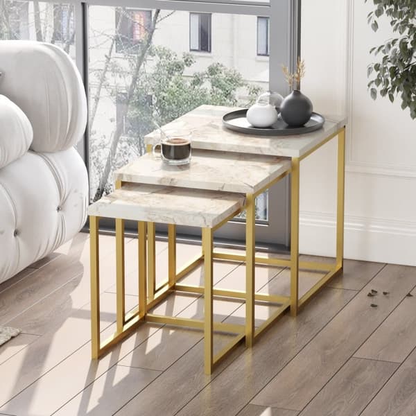Sofabordssæt, 3 stk, guld og marmor farve