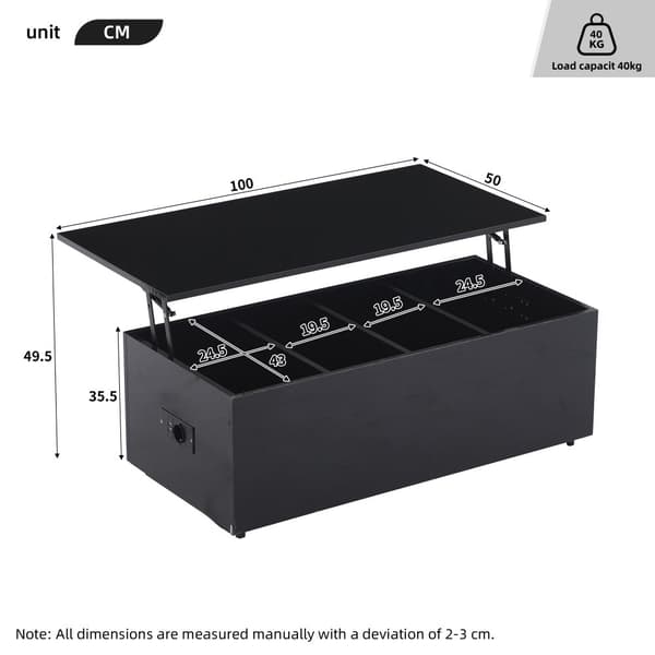 Modernt soffbord 100x50x35 cm - med LED-belysning - dolt förvaringsutrymme - sidobord med hydraulisk lyftmekanism - svart
