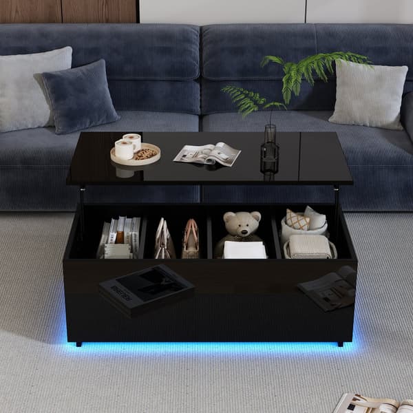 Modernt soffbord 100x50x35 cm - med LED-belysning - dolt förvaringsutrymme - sidobord med hydraulisk lyftmekanism - svart