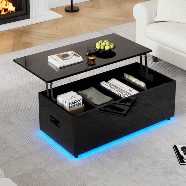 Modernt soffbord 100x50x35 cm - med LED-belysning - dolt förvaringsutrymme - sidobord med hydraulisk lyftmekanism - svart