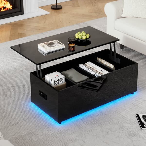 Modernt soffbord 100x50x35 cm - med LED-belysning - dolt förvaringsutrymme - sidobord med hydraulisk lyftmekanism - svart