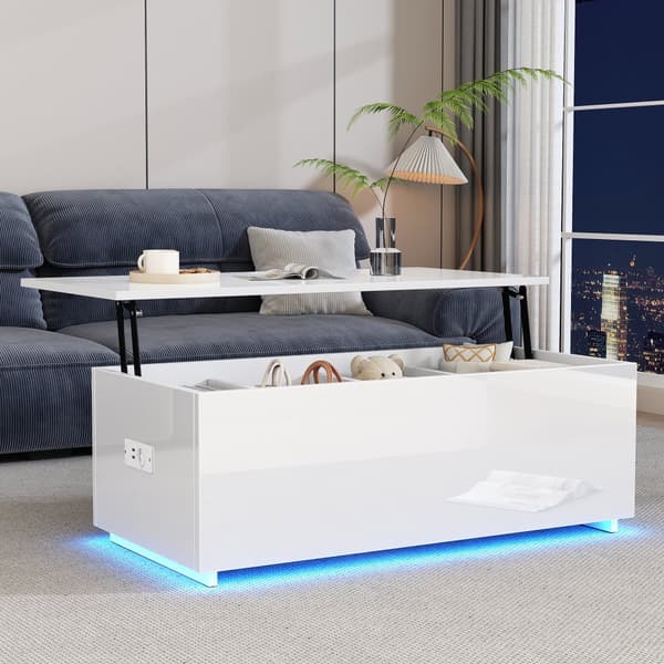Moderne sofabord 100x50x35 cm - med LED-belysning - skjult opbevaringsplads - sidebord med hydraulisk løftemekanisme - hvid