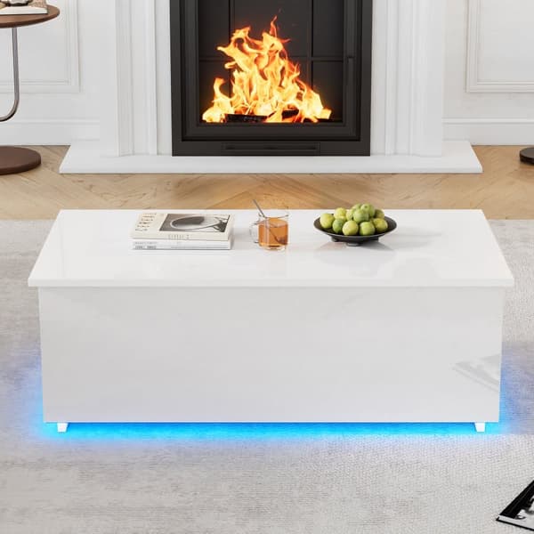 Moderne sofabord 100x50x35 cm - med LED-belysning - skjult opbevaringsplads - sidebord med hydraulisk løftemekanisme - hvid