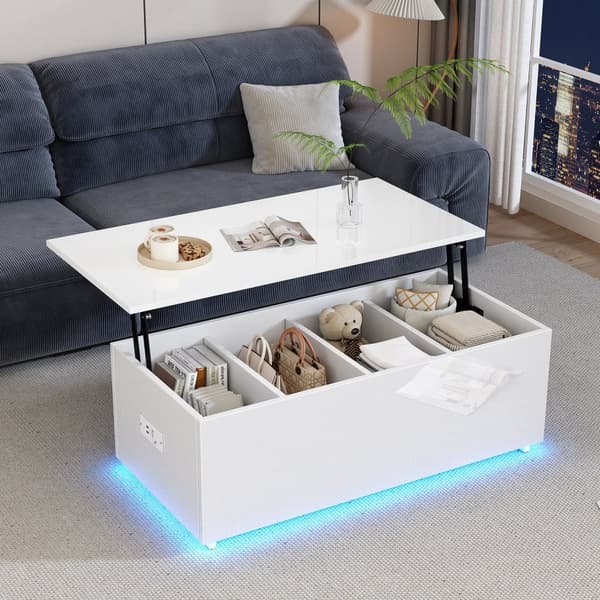 Moderne sofabord 100x50x35 cm - med LED-belysning - skjult opbevaringsplads - sidebord med hydraulisk løftemekanisme - hvid