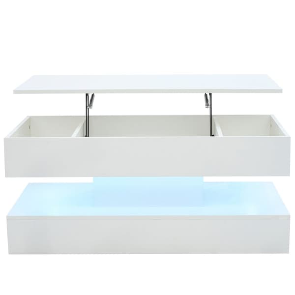 Modernt soffbord 100x50x42 cm - med LED-belysning - dolt förvaringsutrymme - hydraulisk lyft - vit